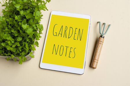 Tablet notebook for making gardening notes and plans, green fresh sprouts and tools for planting.の写真素材