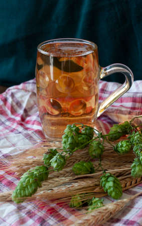 Glass of homemade craft beer with hop and wheat.