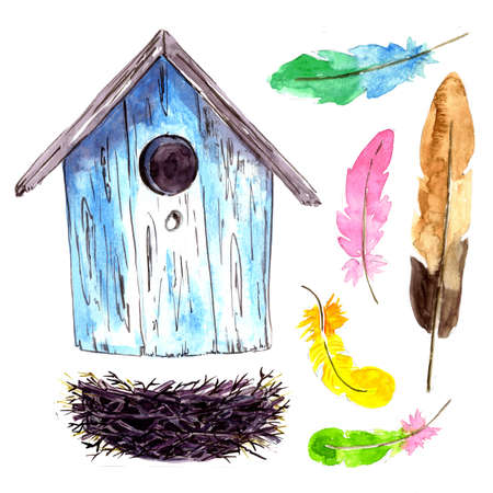 Bird house, nest and feathers. Set of icons. Elements for decoration, greeting cards, illustrations and books. Watercolor drawn.の写真素材
