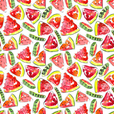 Watermelon pattern, summer mood. Watercolor illustration for kitchen towel design, table cloth, paper napkins, package.の写真素材