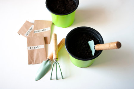 Green pots with soil, garden tools, paper bags with seeds plant herbals. Planting time season. Home gardening conception.の写真素材