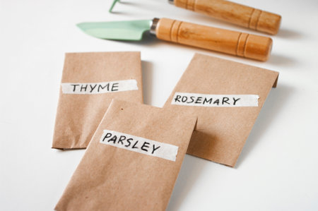 Paper bags with plant seeds of rosemary, thyme, parsley, garden tools behind on background. natural food growing herbal garden.の写真素材