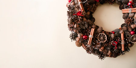 Christmas rustic wreath. Long wide banner with copy space. backgorund.の写真素材