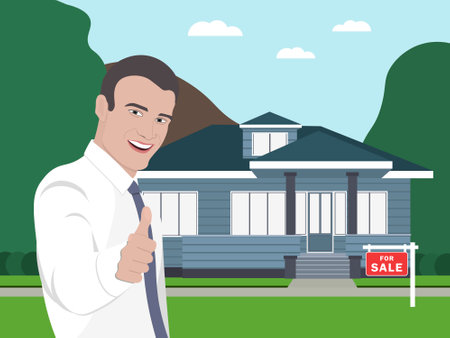 Vector illustration of a realtor selling a modern cottageのイラスト素材