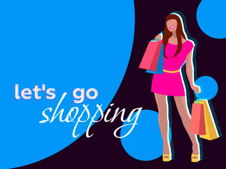 Happy girl goes shopping on neon backgroundのイラスト素材