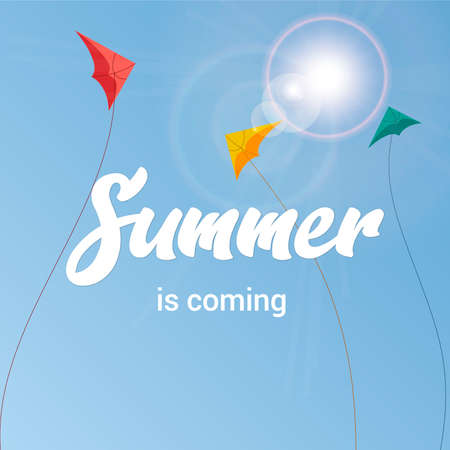 Banner Summer is coming. Colorful kites, sky and sun.のイラスト素材