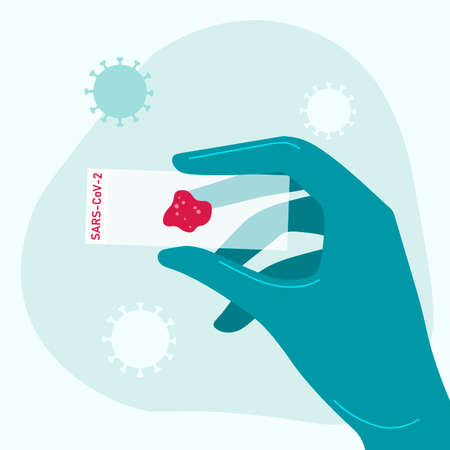 A hand in a medical glove holds a glass with a virus. Laboratory research. Vaccine. Pandemic.のイラスト素材