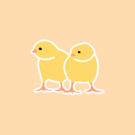Two little yellow chickens on a pastel background. Vector.のイラスト素材