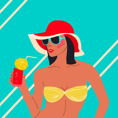 Vector illustration of a beautiful hand drawn girl. Woman posing in a colored swimsuit. Young woman is enjoying summer on the beach. Sunbathing. Colored vector illustration. Cartoon style. Flat designのイラスト素材