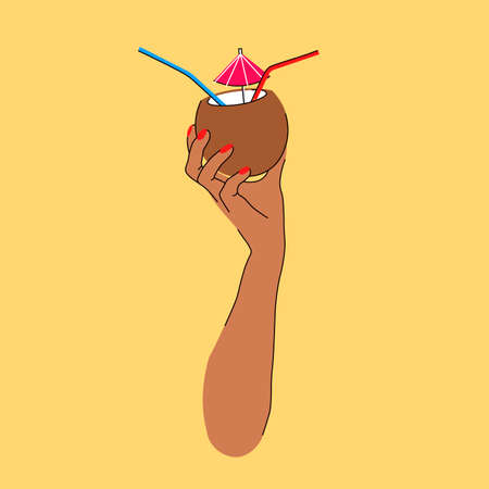 Hand holds a coconut with a drink. Vector illustration. Cartoon style.のイラスト素材
