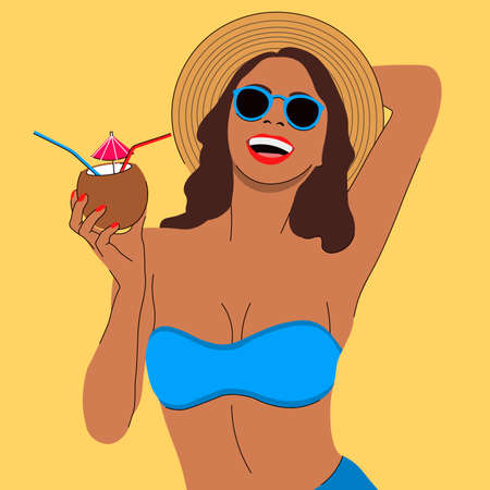 Cheerful girl is holding a coconut with a drink. Tropical vacation. Vector illustration. Cartoon flat design.のイラスト素材