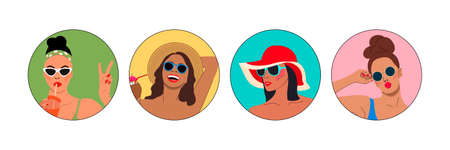 Set of bright avatars of summer girls on vacation. Flat bright design. Summer mood.のイラスト素材