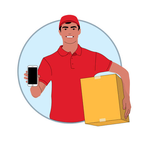 Courier in uniform holds a smartphone and a box. Vector illustration. Flat design.のイラスト素材