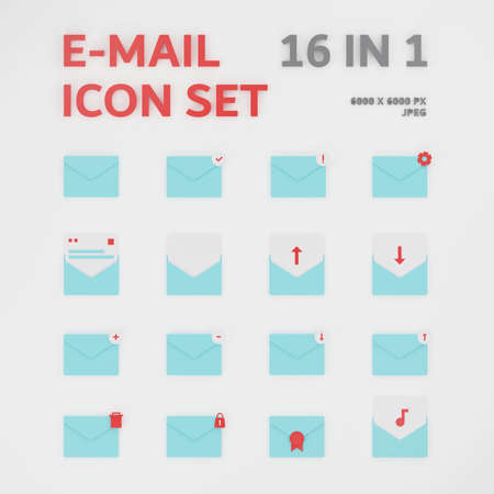 Big set of email icons. 16 in 1. 3d render.の写真素材