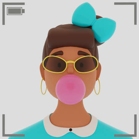 3D characters illustration. A girl with glasses puffs up bubblegum. Portrait of a brunette in the viewfinder on a light background. 3D rendering.の写真素材
