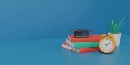 Graduate hat, alarm clock and textbooks on a blue background. 3d render.の写真素材