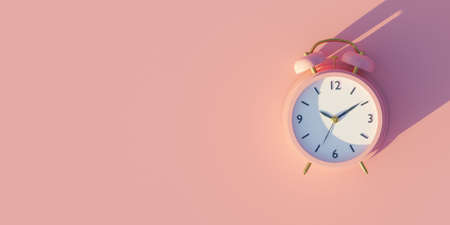 Pink alarm clock on a pink background. Pastel 4K background. 3d render.の写真素材