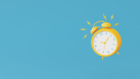 Yellow alarm clock is ringing on a blue background. 3d render.の写真素材