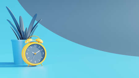 Yellow alarm clock on a blue and gray background. 4K background. Safe web-colors. 3d render.の写真素材