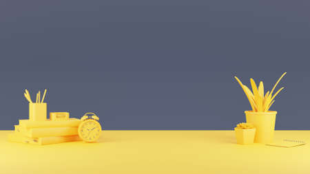 Office table. Study background. Gray-yellow background. 3d render.の写真素材