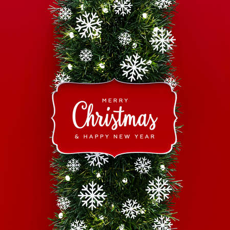 A wreath of branches of a Christmas tree on a red background. Christmas card. 3d render.の写真素材