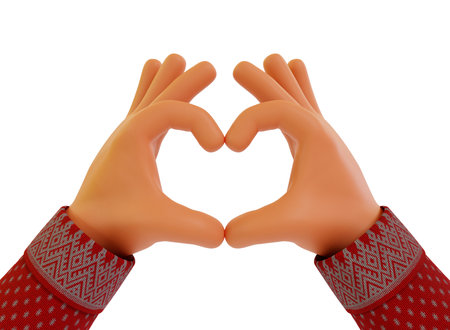 Cartoon hands showing heart shape isolated on white background. 3d render.の写真素材