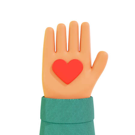 The heart lies in the palm in a cartoon style on a white background. Close-up.3d render.の写真素材