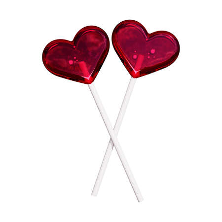 Pink lollipops in the form of hearts on a white background. 3d render.の写真素材