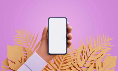A hand holds a phone with a blank screen on a purple background. Phone template in cartoon style. 3d render.の写真素材