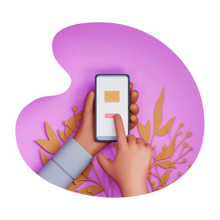 A person holds a phone and sends or receives a message. Hands in cartoon style close-up. 3d render.の写真素材