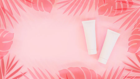 Clean white tube of cream on a pink background with palm leaves. Advertising cream template. Ultra HD. 3d render.の写真素材