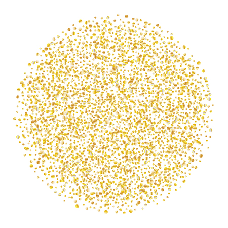 Golden glitter confetti on a white background. Illustration of a drop of shiny particles. Decorative element. Luxury background for your design, cards, invitations, gift, vip.のイラスト素材