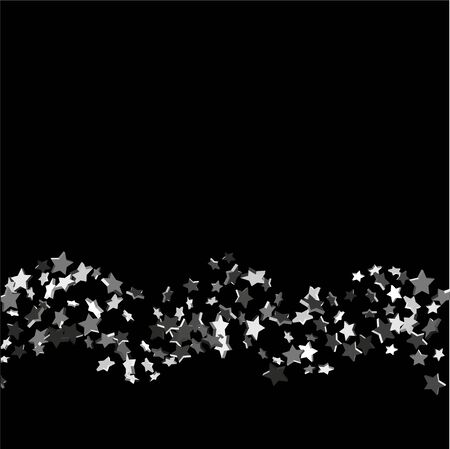 Silver volumetric star-confetti fall on a black background. Falling stars on a black background. Bright design pattern. Suitable for your design, cards, invitations, gift, vip.のイラスト素材