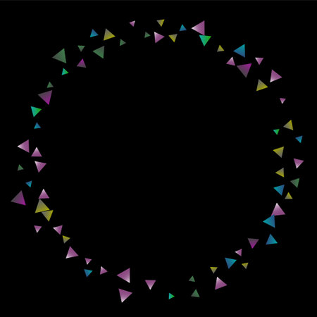 Confetti bright triangles on a black background. Illustration of a drop of multicolored shiny particles. Decorative element. Luxury background for your design, cards, invitations, gift, vip.のイラスト素材