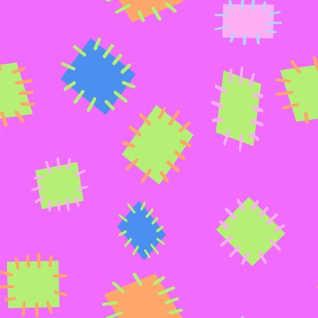 Bright cute background of multicolored scraps of fabric, sewn with different colors of thread.のイラスト素材