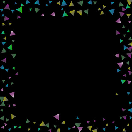 Confetti bright triangles on a black background. Illustration of a drop of multicolored shiny particles. Decorative element. Luxury background for your design, cards, invitations, gift, vip.のイラスト素材
