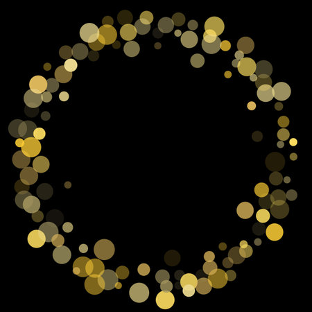 Golden glitter confetti on a black background. Illustration of a drop of shiny particles. Decorative element. Luxury background for your design, cards, invitations, gift, vip. のイラスト素材