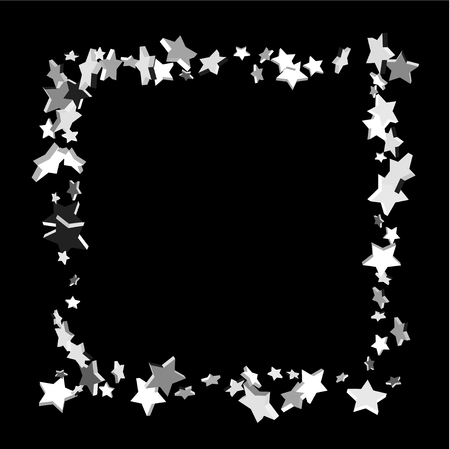 Silver volumetric star-confetti fall on a black background. Falling stars on a white background. Bright design pattern. Suitable for your design, cards, invitations, gift, vip.のイラスト素材