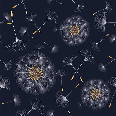 Seamless background from a dandelion. Flight of a dandelion, seeds fly from the wind. Light, pleasant texture. Suitable for fabric, paper, wallpaper. Vector illustration.のイラスト素材