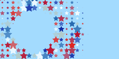 Starry background. Red, blue, white stars on light blue. American coloring. Bright design. Suitable for your design, cards, invitations, gifts, vip.のイラスト素材