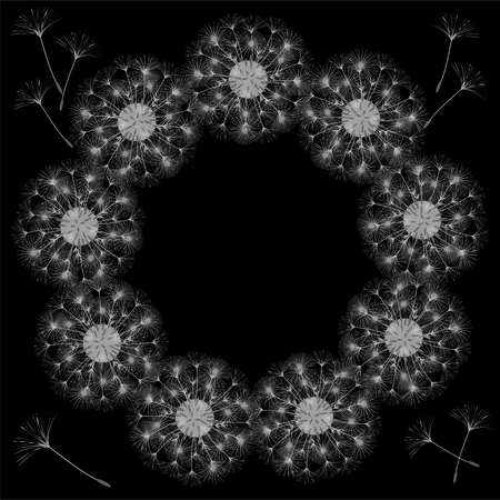 Abstract frame of a dandelion for design. The wind blows the seeds of a dandelion. Template for posters, postcards. Vector illustrations.のイラスト素材