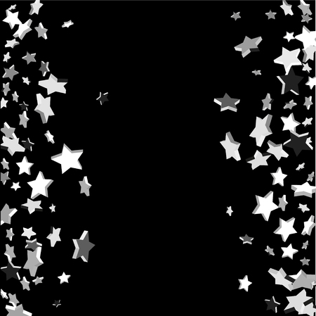 Silver volumetric star-confetti fall on a black background.  Falling starry background. Bright design pattern. Suitable for your design, cards, invitations, gift, vip.のイラスト素材