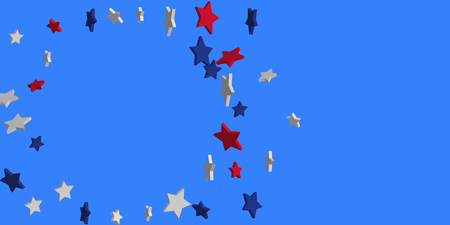 4th of July. Abstract background of falling red, blue, white stars in the colors of the United States, the patriotic stars of America confetti. USA banner background. Vector illustrationのイラスト素材