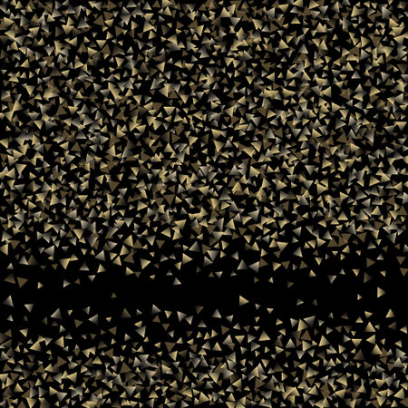 Golden falling confetti triangles on a black background. Abstract background of celebration in the form of a golden triangle.Decorative element. Suitable for your design, cards, invitations, gifts.のイラスト素材