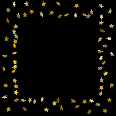 Gold volumetric star-confetti fall on a black background.  Illustration of flying shiny stars. Decorative element. Bright design pattern. Suitable for your design, cards, invitations, gift, vip.のイラスト素材