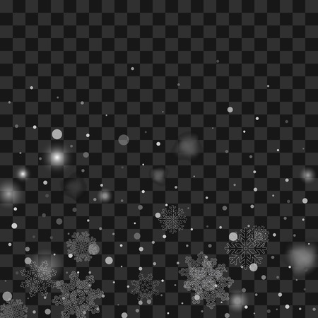 Christmas snow. Snowfall. Shining white transparent beautiful snowflakes, isolated on a transparent background.のイラスト素材