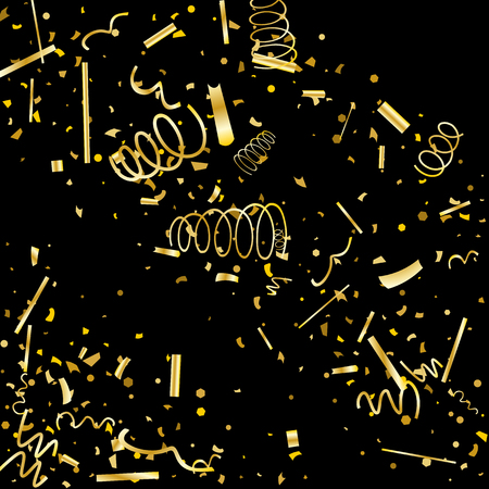 Golden confetti. Gold texture glitter on a black background. Element of design. Golden abstract textures are chaotically falling. Vector illustration, EPS 10.のイラスト素材