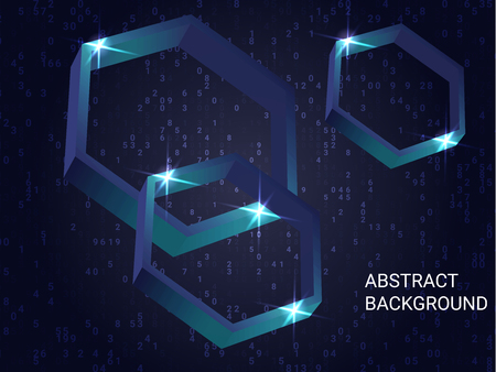 Geometric polygons sparkle on the background. Creative geometric background. Abstract composition. 3D vector illustration . Blue three-dimensional  geometric polygon in space.のイラスト素材