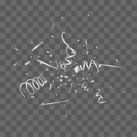 Silver confetti. Silver texture glitter on a transparent background. The element of design. The silvery abstract textures are chaotically falling. The Vector illustration, EPS 10.のイラスト素材