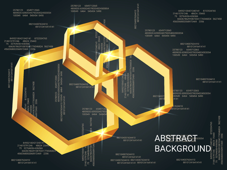 Geometric polygons sparkle on the background. Creative geometric background. Abstract composition. 3D vector illustration . Gold three-dimensional  geometric polygon in space.のイラスト素材